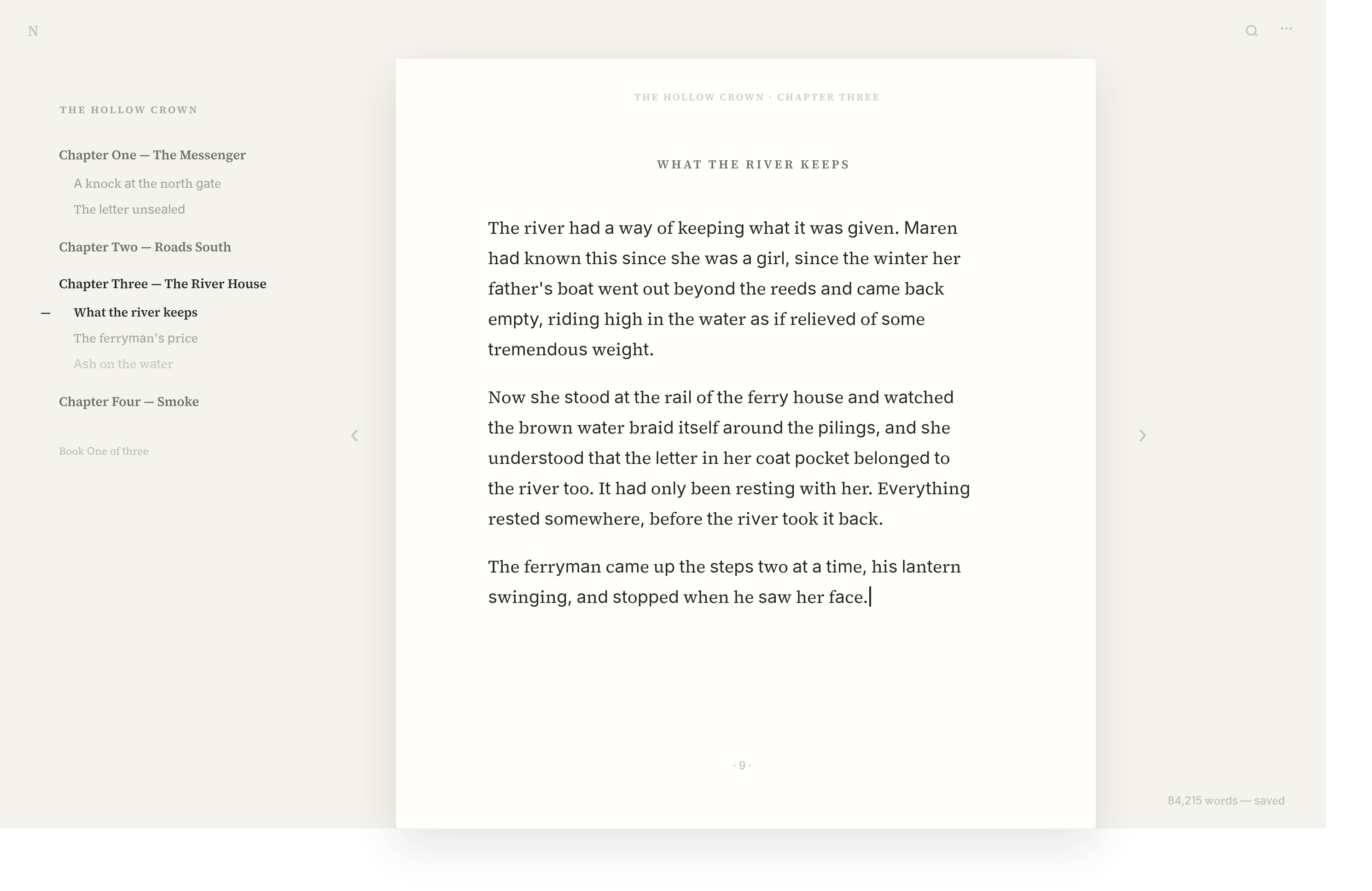 The Novelward drafting workspace: a binder of chapters beside a clean manuscript page
