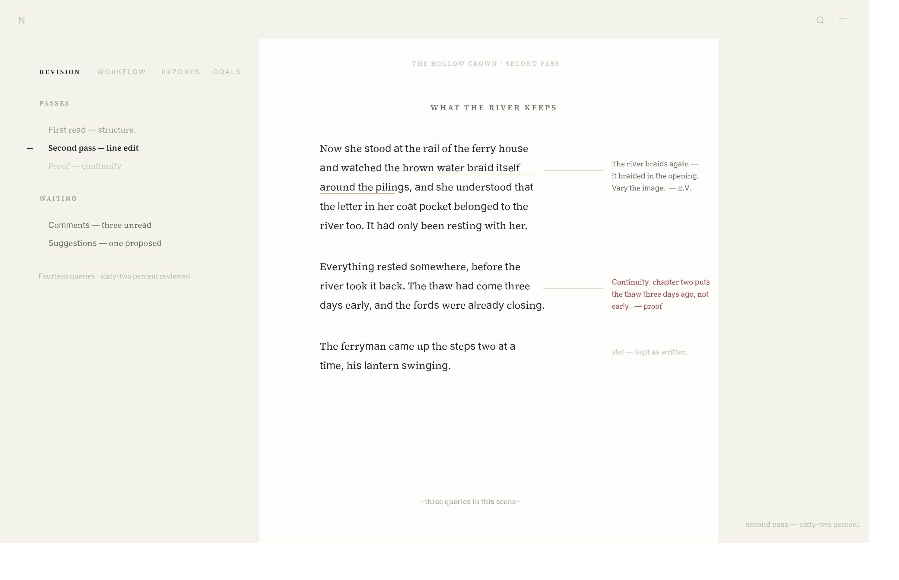 A revision pass: margin notes and tracked suggestions beside the manuscript
